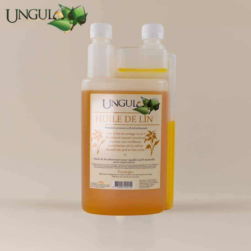 Bidon d’huile de lin Ungula Naturalis pour cheval, format 1 litre