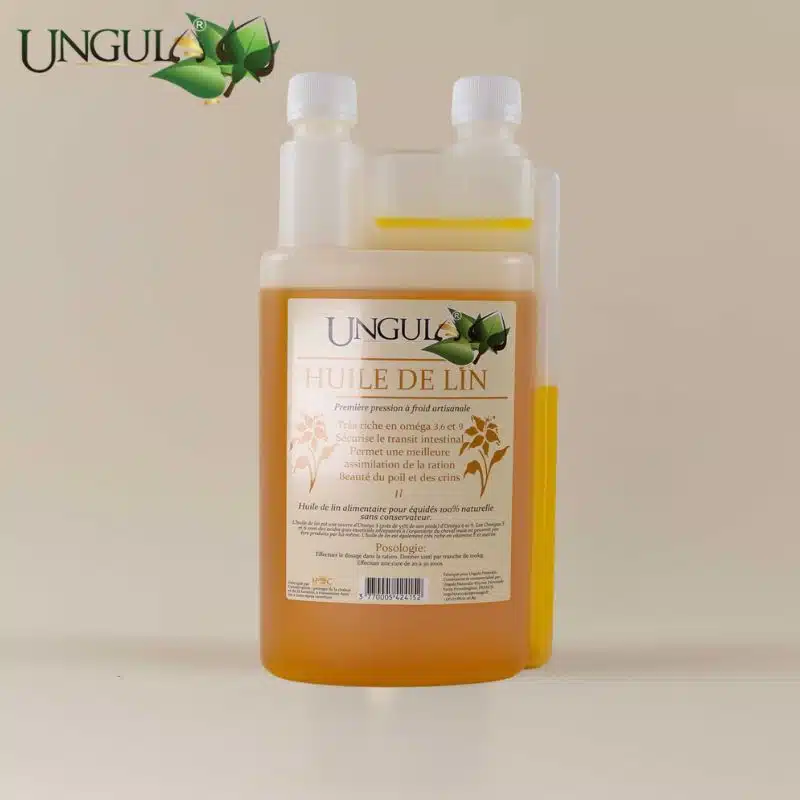 Bidon d’huile de lin Ungula Naturalis pour cheval, format 1 litre