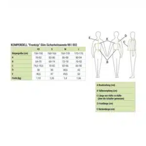 Gilet de protection KOMPERDELL - Frontzip Slim guide des tailles