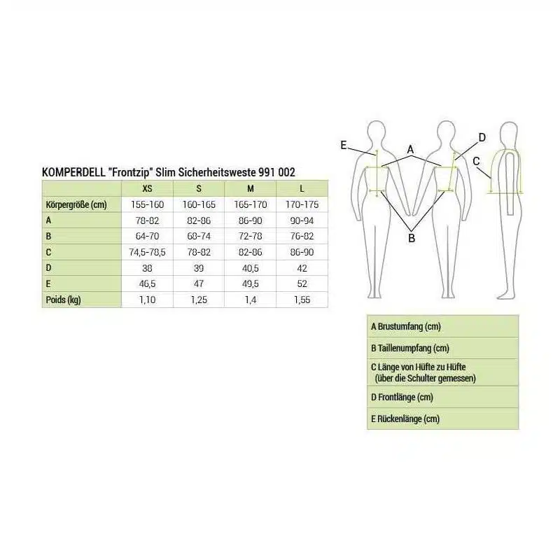 Gilet de protection KOMPERDELL - Frontzip Slim guide des tailles