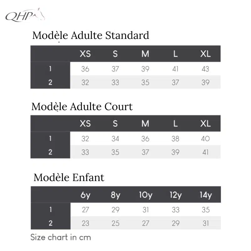 Guide des tailles mini Chaps d equitation Shimmer QHP 7275 7253 7254 Sellerie Equinoxe Shop Fuveau