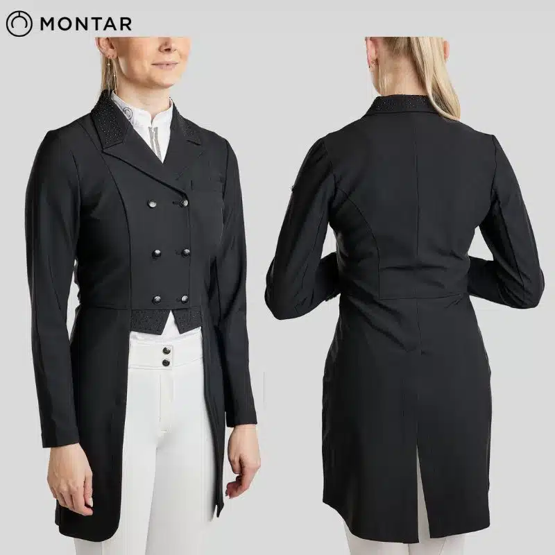 Frac de dressage Long Softshell Tail Coat noir MONTAR COAT2024 Sellerie Equinoxe Shop Fuveau