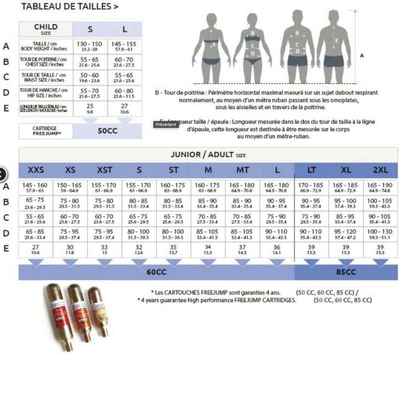 Guide des taille Airbag air safe by Freejump Sellerie Equinoxe Fuveau
