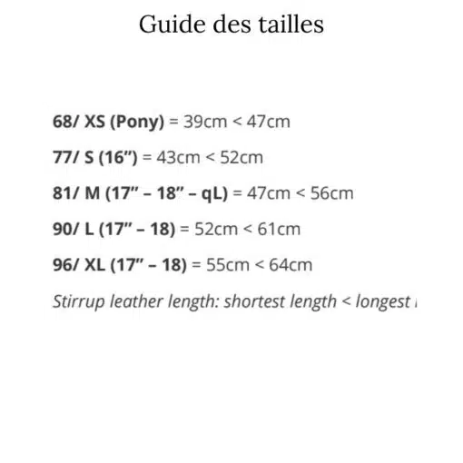 Correspondance des tailles étrivières mono branches Equiline SC013PBJ114 Sellerie Equinoxe Shop Fuveau