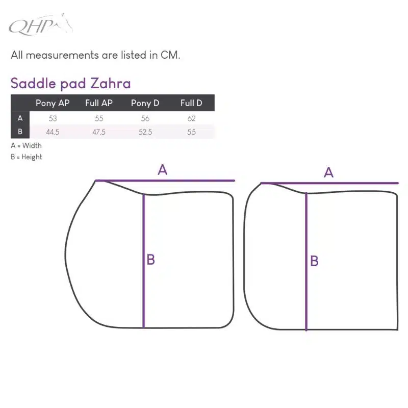 Dimensions tapis de selle Zahra QHP AW25 3233 Wine red Sellerie Equinoxe Shop Fuveau