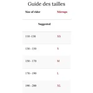 Guide des tailles étrivières mono branches Equiline SC013PBJ114 Sellerie Equinoxe Shop Fuveau