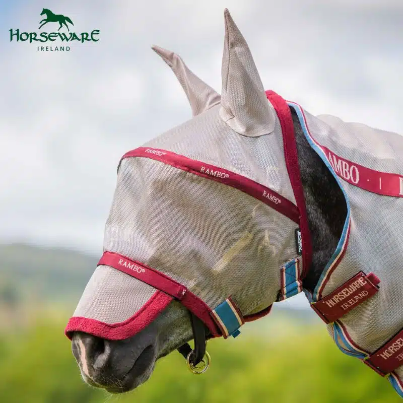 RAMBO FLYMASK PLUS NON TREATED OATMEAL_CHERRY Horseware Sellerie Equinoxe Shop