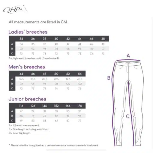 Guide des tailles Legging d'équitation Lissie Junior full grip QHP rose fushia Sellerie Equinoxe Shop Fuveau