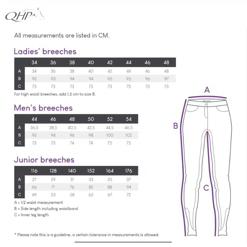 Guide des tailles Legging d'équitation Lissie Junior full grip QHP rose fushia Sellerie Equinoxe Shop Fuveau