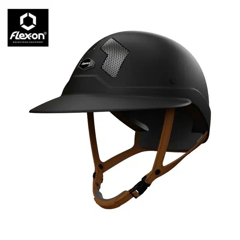 Casque d'équitation Armet Angel noir jugulaire marron Flex-On Sellerie Equinoxe Shop Fuveau