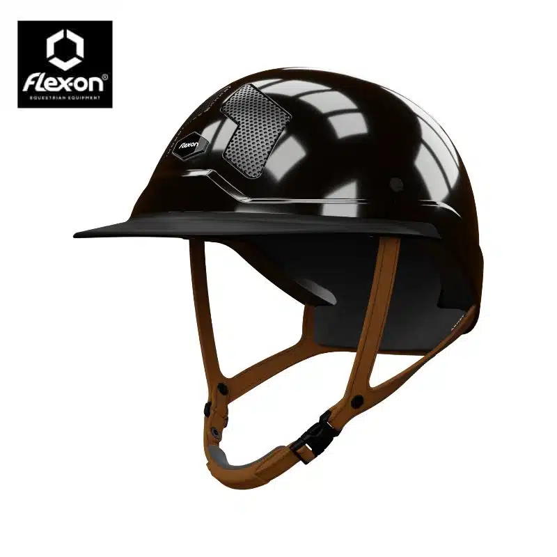 Casque d'équitation Armet Star noir jugulaire havane Flex-On Sellerie Equinoxe Shop Fuveau