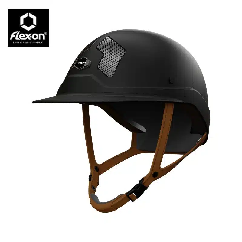 Casque d'équitation Armet noir mat jugulaire marron Flex-On Sellerie Equinoxe Shop Fuveau