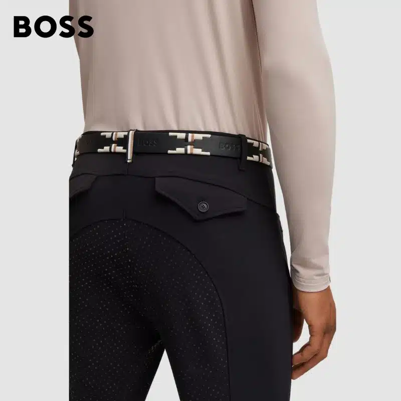 CEINTURE D’ÉQUITATION EN CUIR À RAYURES EMBLÉMATIQUES BRODÉES À LA MAIN NOIR Hugo Boss Equestrian SS25 by Sellerie Equinoxe Shop Fuveau