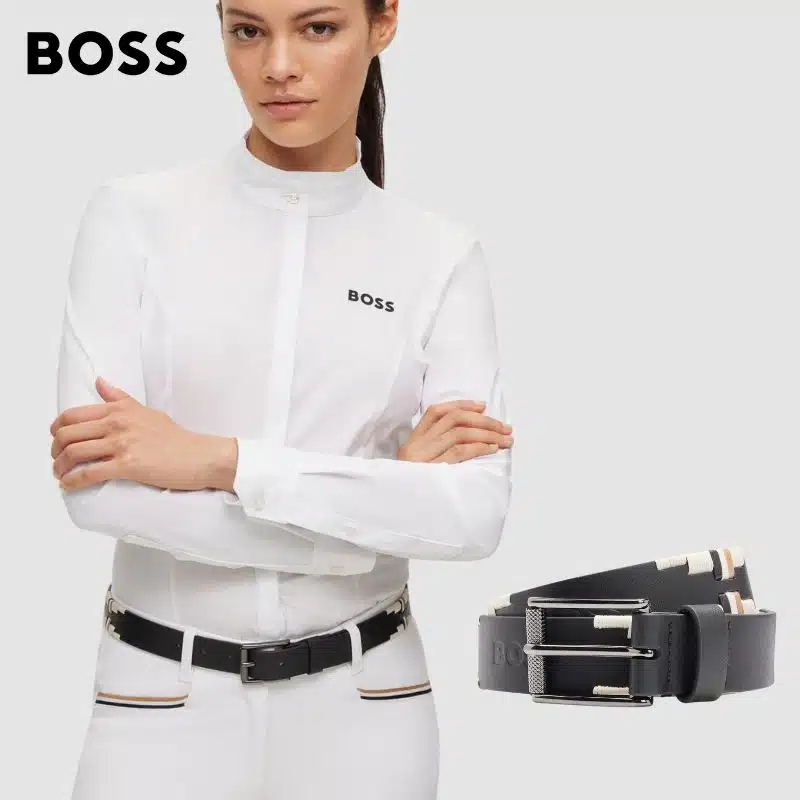 CEINTURE D’ÉQUITATION EN CUIR À RAYURES EMBLÉMATIQUES BRODÉES À LA MAIN NOIR Hugo Boss Equestrian by Sellerie Equinoxe Shop Fuveau
