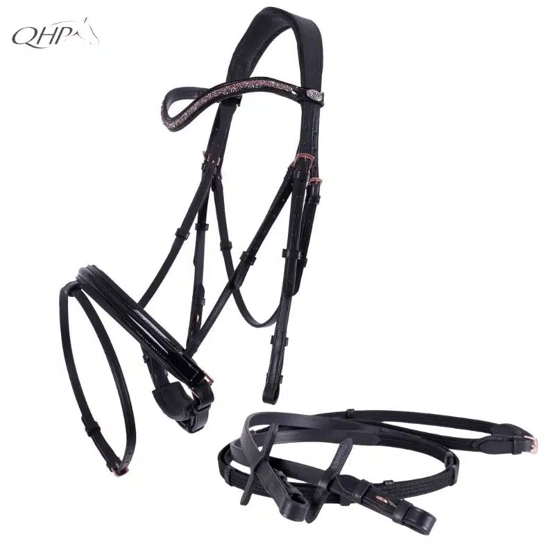 Bridon Amor noir vernis rose paillettes QHP Sellerie Equinoxe Shop Fuveau