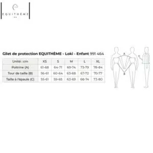 guide des tailles gilet de protection CCE Loki enfant Level 3 EQUITHÈME Sellerie Equinoxe Shop Fuveau