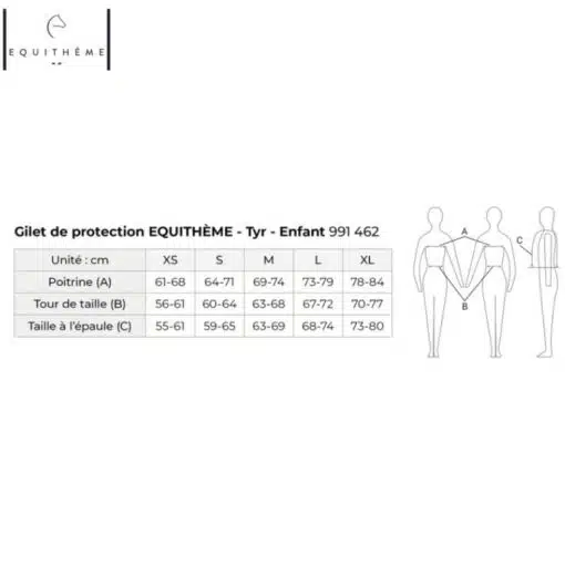 guide des tailles gilet de protection CCE Tyr enfant Level 3 EQUITHÈME Sellerie Equinoxe Shop Fuveau