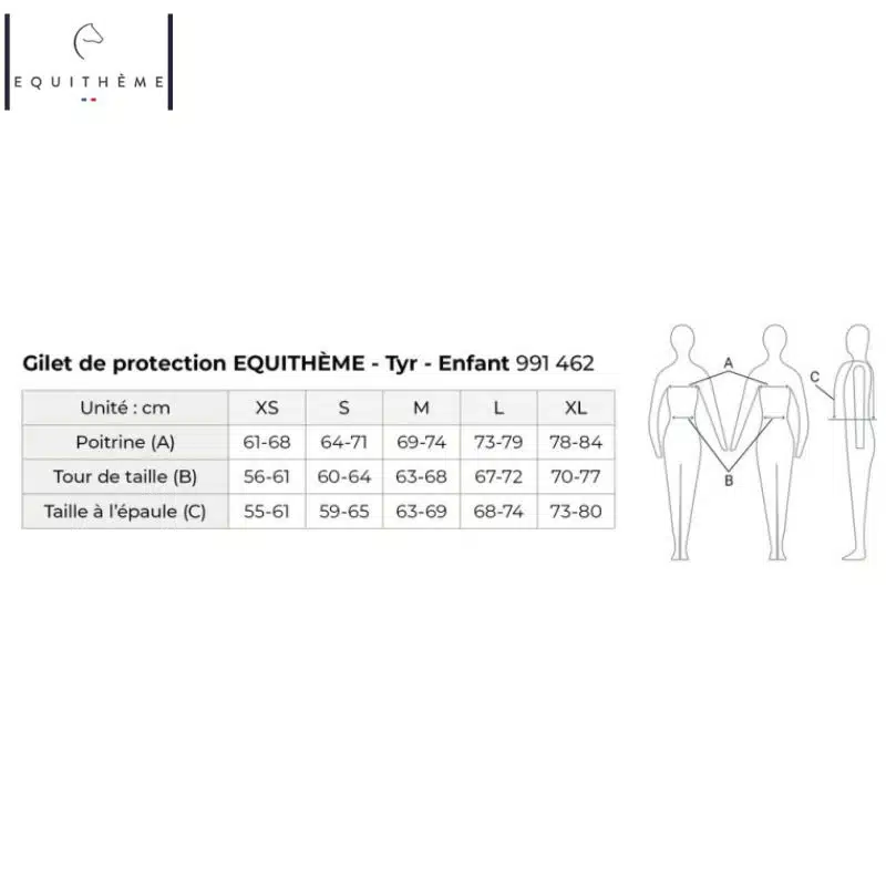 guide des tailles gilet de protection CCE Tyr enfant Level 3 EQUITHÈME Sellerie Equinoxe Shop Fuveau