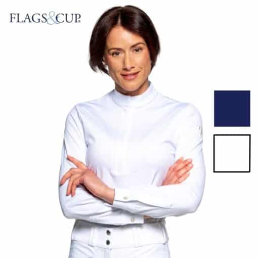 Polo de concours Arizona manches longues dame blanc Flags &amp; Cup Sellerie Equinoxe Shop Fuveau