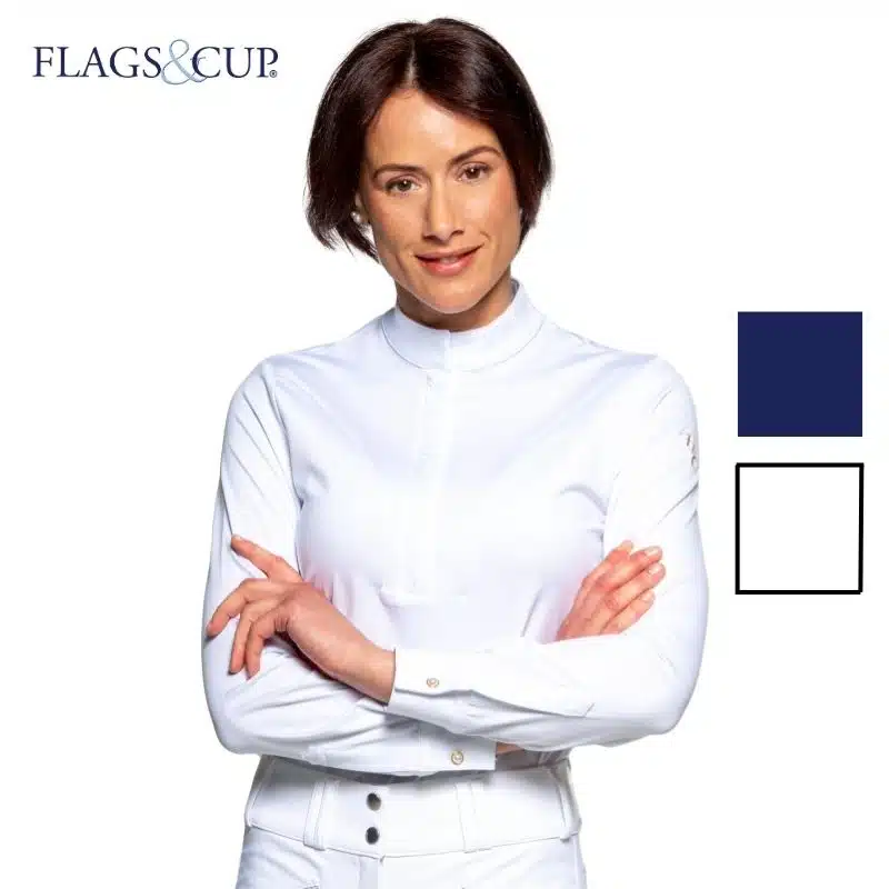 Polo de concours Arizona manches longues dame blanc Flags & Cup Sellerie Equinoxe Shop Fuveau
