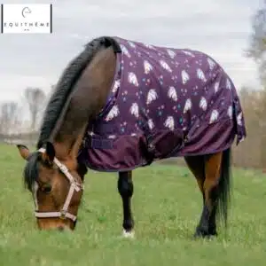 Couverture Licorne Equi-Thème 600D 220 g Violet portée sur un cheval