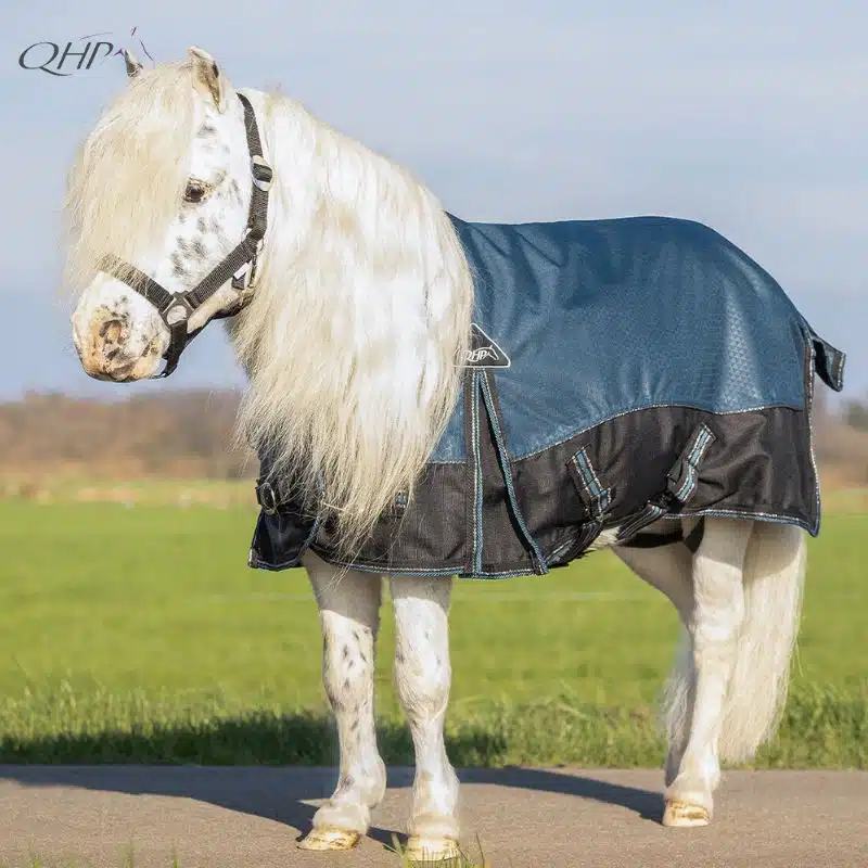 Couverture de paddock poney collection falabella bleu mastic 1200D 50gr QHP 6385 Sellerie Equinoxe Shop Fuveau