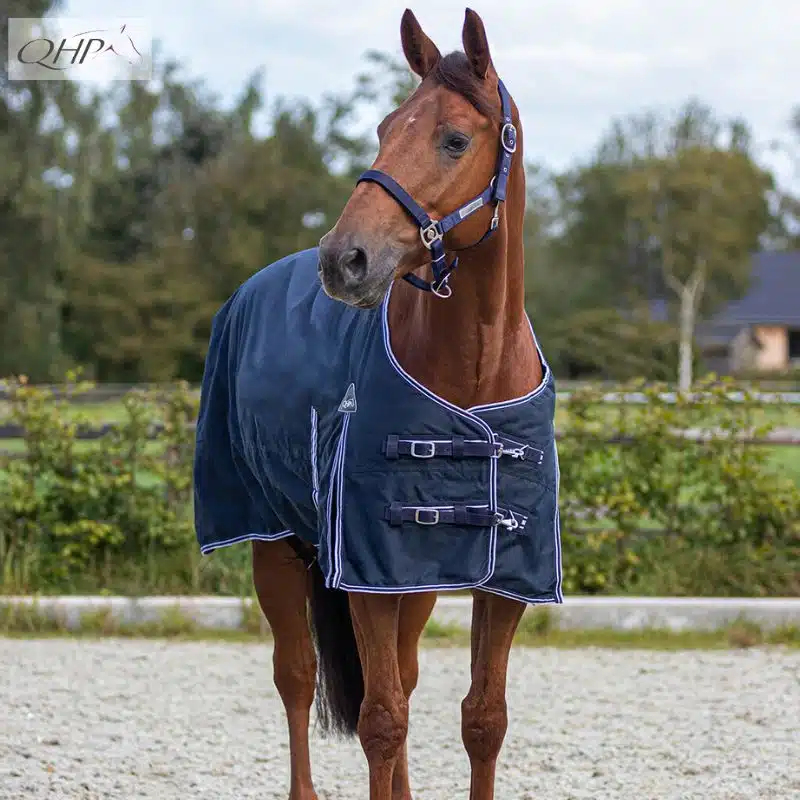 Couverture de paddock turnout 600D imper polaire QHP 6174 marine cheval Sellerie Equinoxe Shop Fuveau