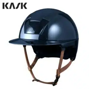 Casque d'équitation Kooki Lady Navy Shiny visière large jugulaire marron clair KASK Sellerie Equinoxe Shop Fuveau