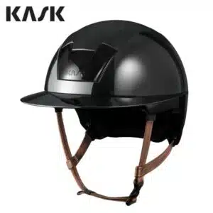 Casque d'équitation Kooki Lady noir Shiny visière large jugulaire marron clair KASK Sellerie Equinoxe Shop Fuveau