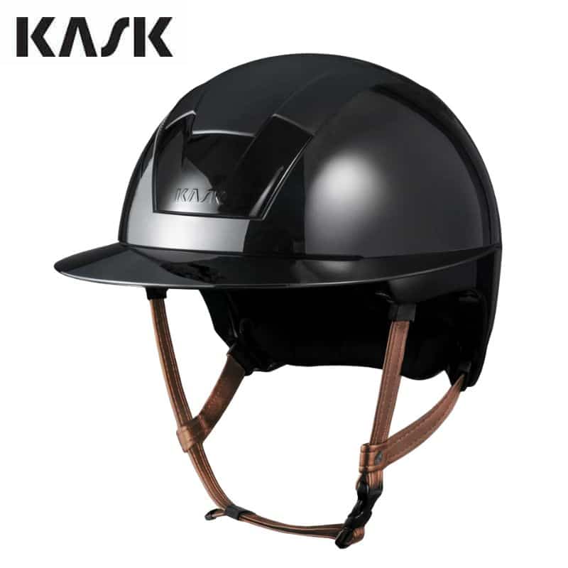 Casque d'équitation Kooki Lady noir Shiny visière large jugulaire marron clair KASK Sellerie Equinoxe Shop Fuveau
