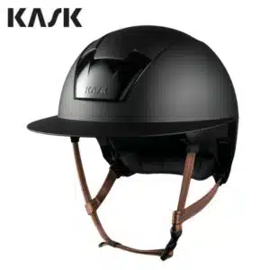 Casque d'équitation Kooki Lady noir mat visière large jugulaire marron clair KASK Sellerie Equinoxe Shop Fuveau
