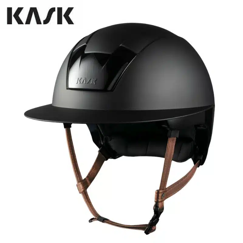 Casque d'équitation Kooki Lady noir mat visière large jugulaire marron clair KASK Sellerie Equinoxe Shop Fuveau