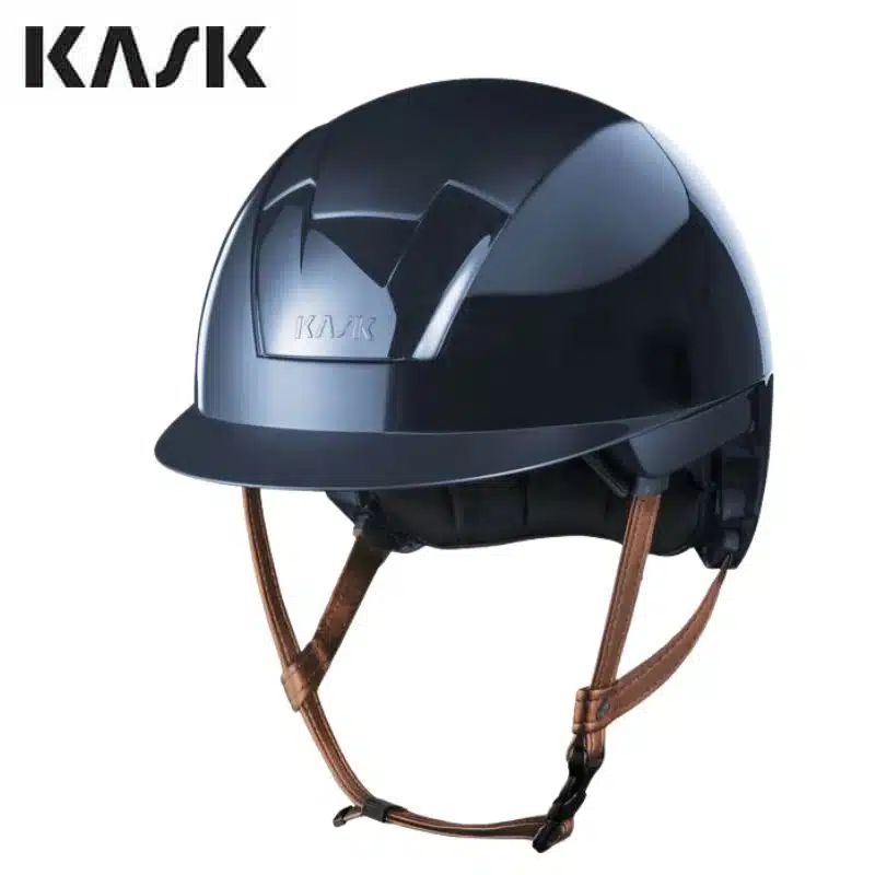 Casque d'équitation Kooki marine Shiny visière courte jugulaire marron clair KASK Sellerie Equinoxe Shop Fuveau