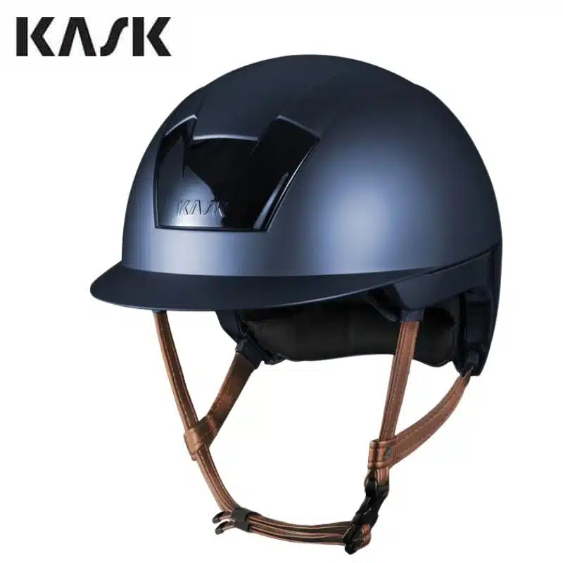 Casque d'équitation Kooki marine mat visière courte jugulaire marron clair KASK Sellerie Equinoxe Shop Fuveau