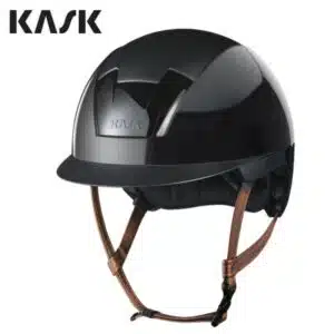 Casque d'équitation Kooki noir Shiny visière courte jugulaire marron clair KASK Sellerie Equinoxe Shop Fuveau