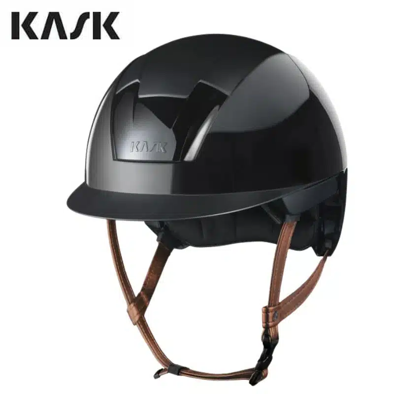 Casque d'équitation Kooki noir Shiny visière courte jugulaire marron clair KASK Sellerie Equinoxe Shop Fuveau