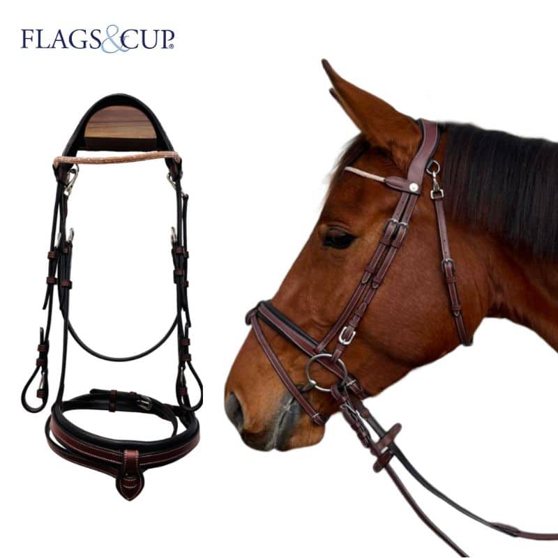 Bridon muserolle combinée Geneve marron rose gold Flags & Cup 171118 Sellerie Equinoxe Shop Fuveau