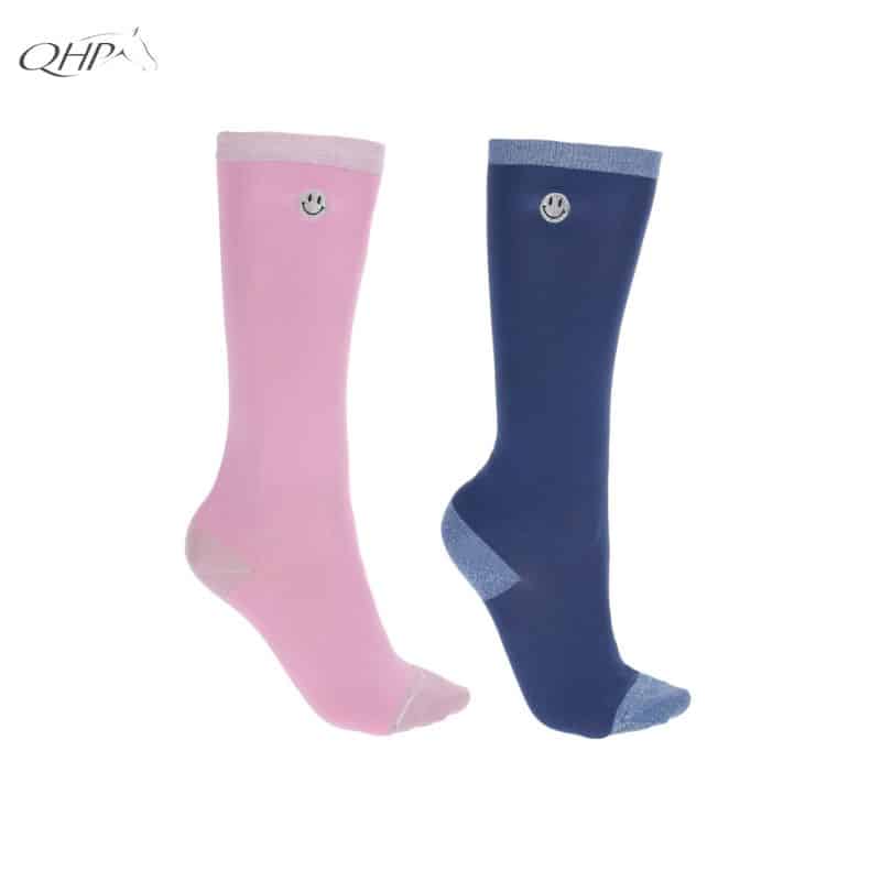 Chaussettes d'équitation Rosalynn lot de 2 rose et bleu QHP 7354 SS26 Sellerie Equinoxe Shop Fuveau