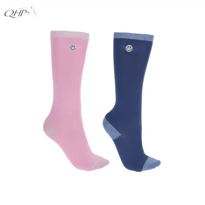 Chaussettes d'équitation Rosalynn lot de 2 rose et bleu QHP 7354 SS26 Sellerie Equinoxe Shop Fuveau