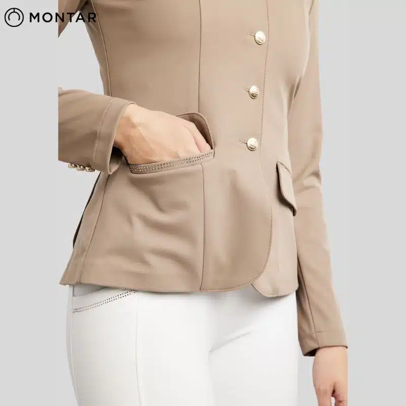 Veste de concours MoEverlisa COMB2630 Dame taupe SS26 MONTAR détail poche Sellerie Equinoxe Shop Fuveau