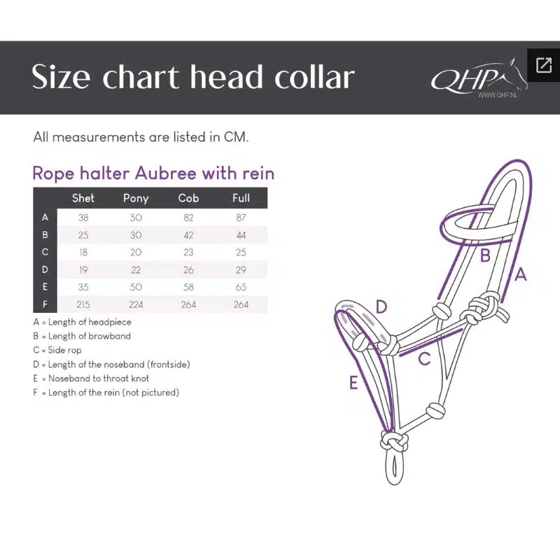 guide des tailles Licol éthologique avec rênes Aubree COLLECTION MISTY BLUE reference 1215 QHP SS26 Sellerie Equinoxe Shop Fuveau
