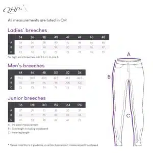guide des tailles Pantalon d'équitation Oakleigh leg grip QHP 8909 noir SS26 Sellerie Equinoxe Shop Fuveau