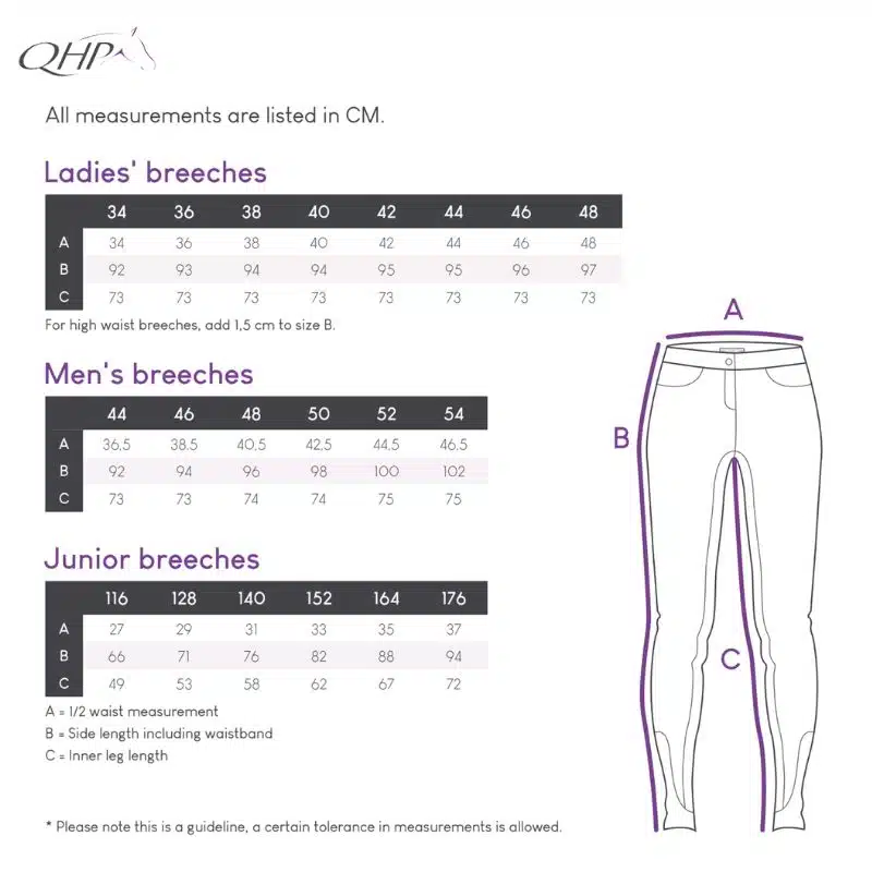 guide des tailles Pantalon d'équitation Oakleigh leg grip QHP 8909 noir SS26 Sellerie Equinoxe Shop Fuveau