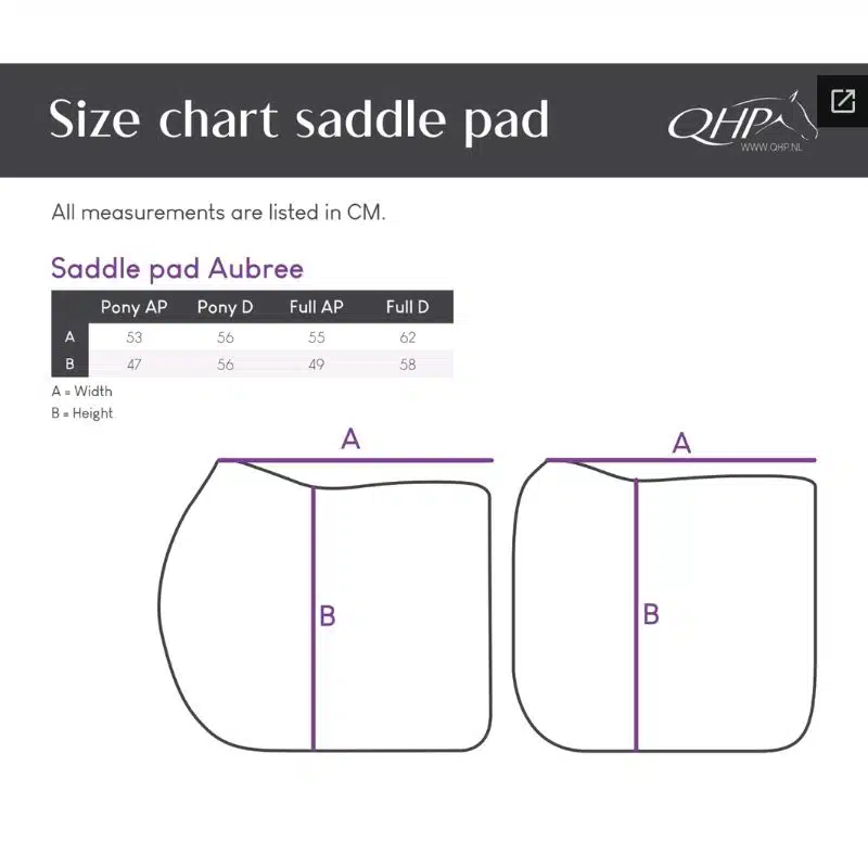 guide des tailles Tapis de selle mixte Aubree paillettes COLLECTION MYSTY BLUE reference 3245 QHP SS26 Sellerie Equinoxe Shop Fuveau