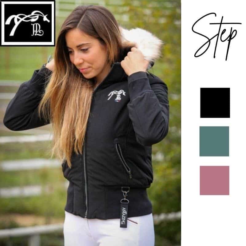 Blouson d'équitation femme Step Pénélope Noir porté avec vignettes des coloris Vert et Vieux Rose