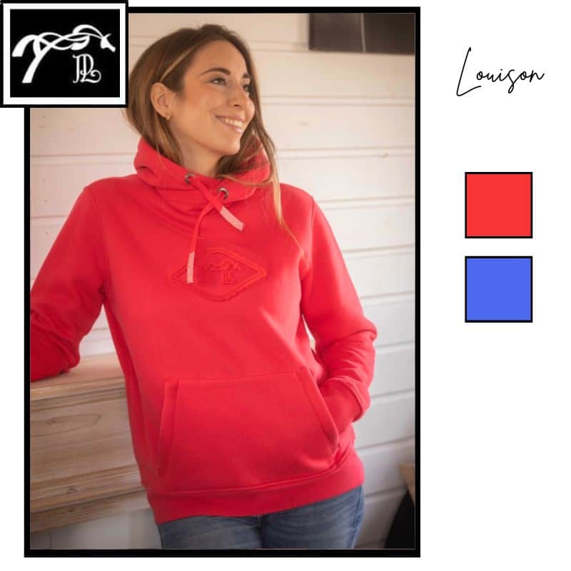 Sweat à capuche femme Louison Pénélope rouge fluo ou bleu France