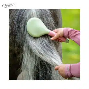 Brosse à crinière Lucky Start QHP utilisée par un enfant pour brosser la queue d'un cheval Brosse et peigne crinière cheval Lucky Start QHP