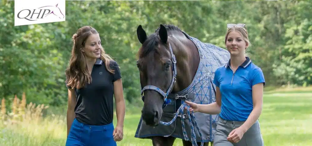 Cavalière avec tenue QHP. Cavalier et cheval équipés QHP