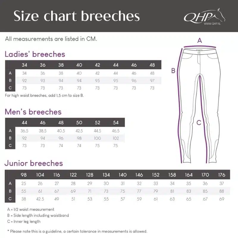 Guide des tailles pantalon d'équitation QHP