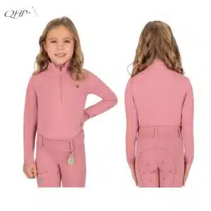 Polo d'équitation Lucky Start Junior QHP vue avant et arrière Polo d'équitation junior Lucky Start QHP rose vue face et dos